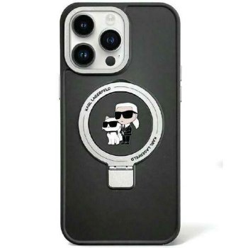 Karl Lagerfeld iPhone 15 Plus vāciņš Ring Stand Karl & Choupette MagSafe, melns