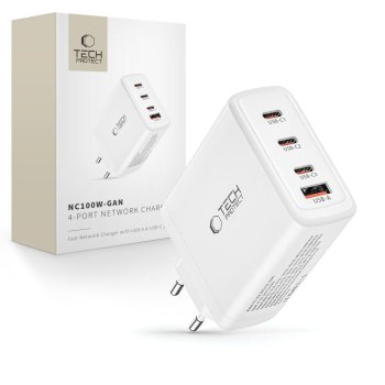 Tech-Protect NC100W-GAN lādētājs GaN 3x USB-C PD 100W / USB-A QC 3.0 – balts