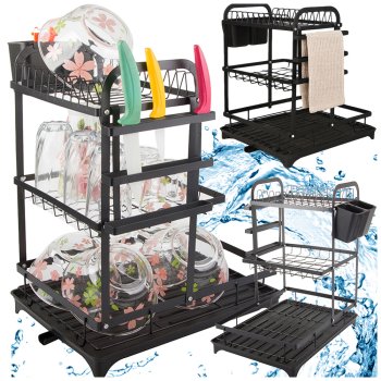 Trīslīmeņu trauku žāvētājs ar paplāti un noteku, melns