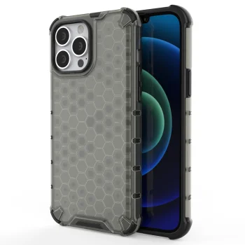 Vāciņš iPhone 13 Pro Max ar TPU apmali un Honeycomb dizainu, melns