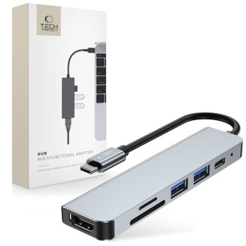 HUB Tech-Protect V4 6in1 USB-C - USB-A 3.0 / USB-A 2.0 / USB-C / HDMI / micro SD / TF / SD karšu lasītājs - pelēks