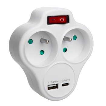Разветвитель Maclean на 2 розетки с выключателем и USB A/C 2.4A, белый