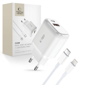 Tech-Protect C20W USB-C PD 20W / USB-A QC 3.0 lādētājs ar USB-C / Lightning kabeli – balts