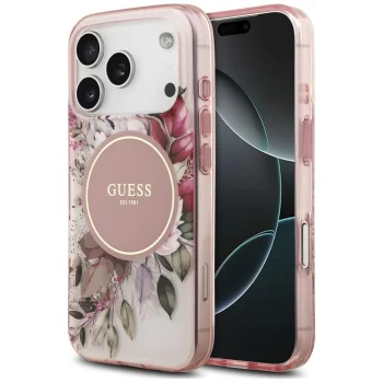 Guess IML Flower & Tonal Circle MagSafe ümbris iPhone 18 Pro ja 17 Pro jaoks, roosa