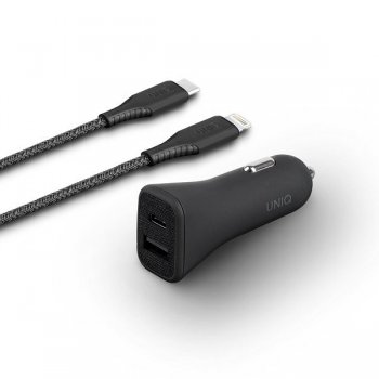 UNIQ Divu Portu Auto Lādētājs 30W + USB Type-C uz Apple Lightning Vads, Melns | Dual Port Car Charger USB-C to iPhone Cable