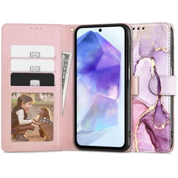 Tech-Protect maciņš Samsung Galaxy A55 5G - Rozā marmors | Wallet Phone Case Cover Pink Marble