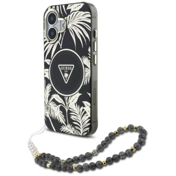 Guess Palm Trees Triangle Pearl Strap MagSafe Case for iPhone 16, Black