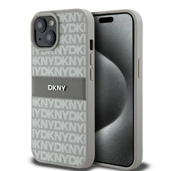 Чехол DKNY для iPhone 15 Plus Mono Stripe & Metal Logo, бежевый