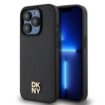 DKNY чехол для iPhone 15 Pro Leather Monogram Pattern Metal Logo MagSafe, черный