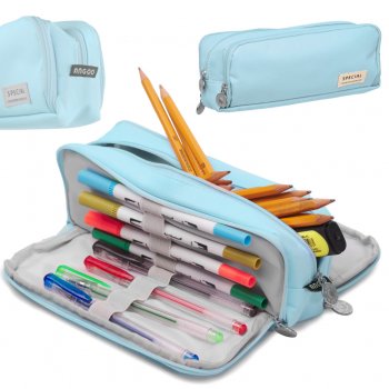 School Pencil Writing Supplies Cosmetic Case 3-in-1, Blue