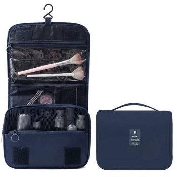 Travel toiletry bag with roll-up design, blue