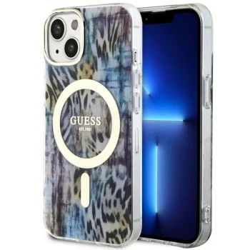 Чехол Guess для iPhone 14 Leopard MagSafe, синий