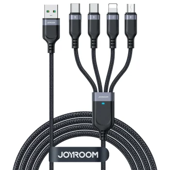 Joyroom S-A18 4-in-1 USB uz 2x USB-C / Lightning / micro USB kabelis, 1.2m, melns