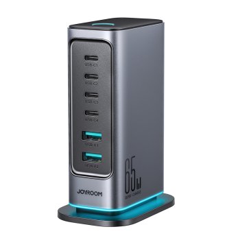 Joyroom JR-TCM02 vairāku portu GaN lādētājs 65W EU, 4x USB-C, 2x USB-A – tumši pelēks