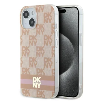 Чехол DKNY для iPhone 15 IML Checkered Mono Pattern & Printed Stripes MagSafe, розовый