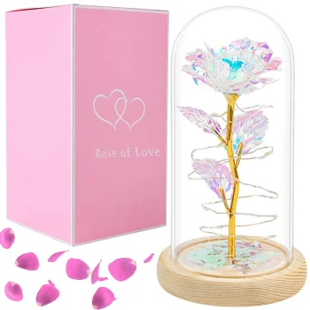 Eternal Rose in Glass Dome with LED Light and Wooden Base