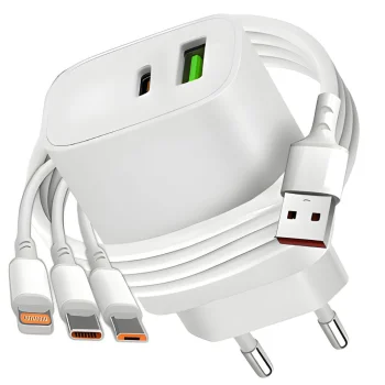 Fast Wall Charger 20W USB/USB-C with 3-in-1 Cable, White