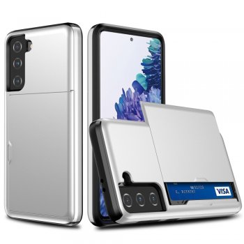 Samsung Galaxy S21+ Plus (SM-G996B) Slide Card Holder PC + TPU Hybrid Back Case Cover, Silver | Telefona Maciņš Vāciņš Apvalks Bampers