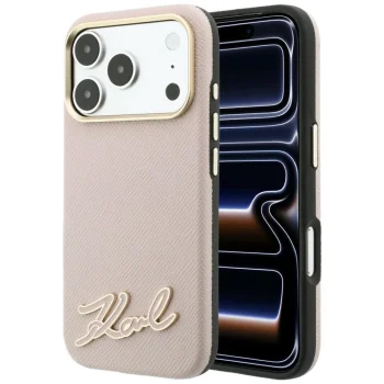 Karl Lagerfeld Grained with Resin Signature Logo MagSafe vāciņš priekš iPhone 18 Pro / 17 Pro, rozā
