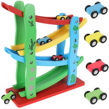 Kruzzel Wooden Car Track and Slide with 4 Cars