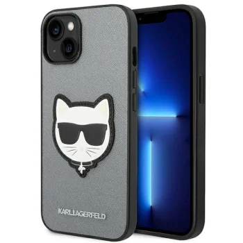 Karl Lagerfeld Saffiano Choupette Head Patch Case for iPhone 13/14/15 Silver
