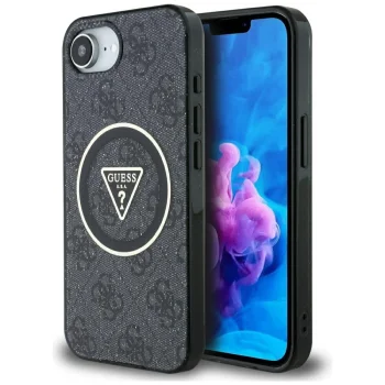 Guess IML Metal Glitter 4G Circle Triangle MagSafe vāciņš iPhone 16e, melns