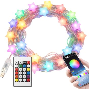 Viedās LED zvaigžņu virtenes USB ar lietotni un pulti 7.5m, RGB