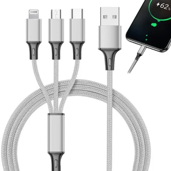 Кабель USB 3-в-1 для телефона (Lightning, Micro USB, Type-C), 1.2м, серебристый
