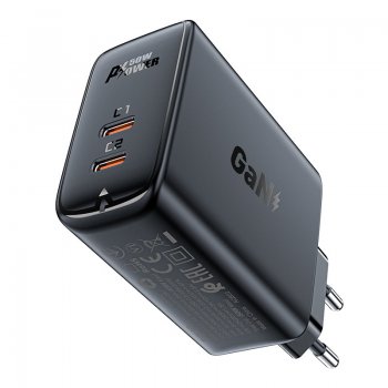 Acefast A29 2x USB Type C GaN Portable Wall Charger Adapter 50W, Black | Ātrās Uzlādes Ierīce Lādētājs Adapters