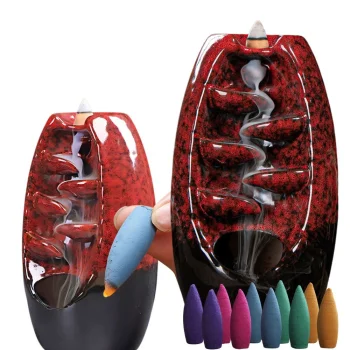 Ceramic Waterfall Incense Burner with 10 Cones, Red