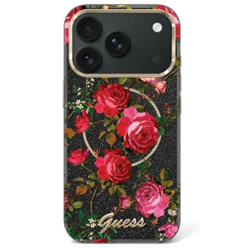 Чехол Guess IML Glitter Blossom Roses для iPhone 17 Pro / 18 Pro, черный