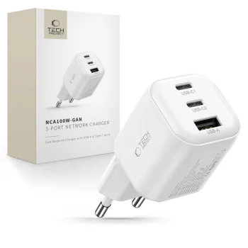 Tech-Protect NCA100W-GaN 100W tīkla lādētājs (3 pieslēgvietas), balts