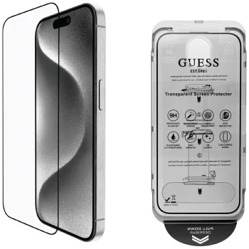 Guess BP Rhinestone 2in1 aizsargstiklu komplekts iPhone 16 Pro Max, sudraba
