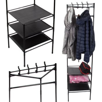Stūra drēbju statīvs ar plauktiem apaviem, metāla garderobe priekšnamam