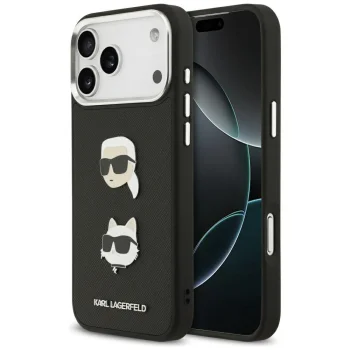 Karl Lagerfeld FW Grained Karl & Choupette Heads Pins & Logo vāciņš iPhone 17 Pro Max — melns | Phone Case Cover