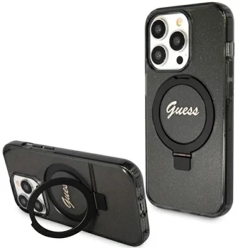 Guess iPhone 15 Pro Max vāciņš Ring Stand Script Glitter MagSafe, melns