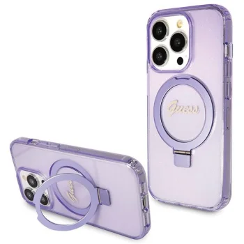 Guess iPhone 14 Pro Case Ring Stand Script Glitter MagSafe, Purple