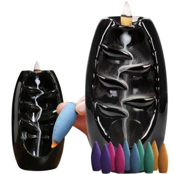 Ceramic Waterfall Incense Burner with 10 Cones, Black