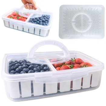 Divided Food Storage Container with Drainer Inserts and Handle, White
