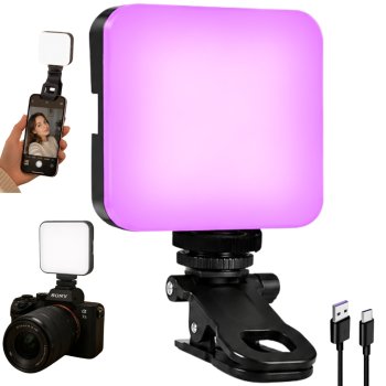 Mini RGB LED lampa foto un video, 3000K-6500K, 5.5W, ar klipsi un 1/4" vītni, melna