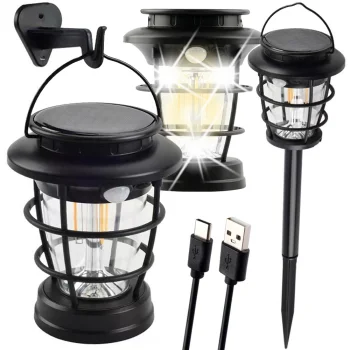 LED saules bateriju kempinga un dārza lampa ar kustības un krēslas sensoru, USB, melna