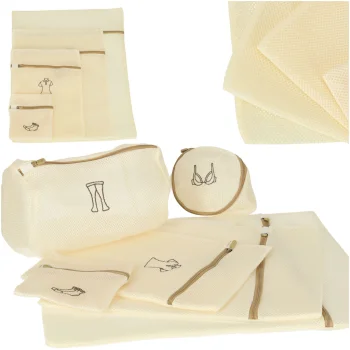 Laundry Wash Bag Set with Zipper, 6 Pcs, Beige