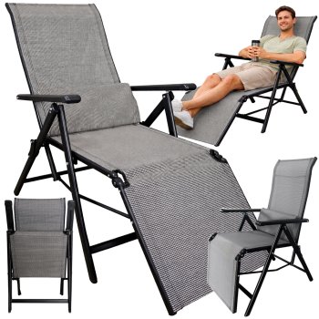 Folding Camping Lounge Chair Adjustable Garden Beach Recliner, Black White Plaid