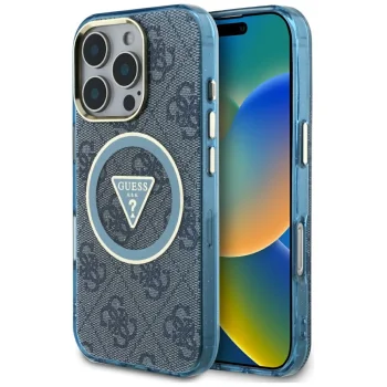 Guess iPhone 16 Pro Max чехол IML Metal Glitter 4G Circle Triangle MagSafe, синий