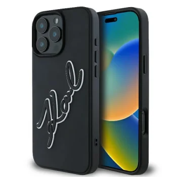 Apple iPhone 16 Pro 6.3'' Karl Lagerfeld 3D Rubber Bicolor Signature Cover Case, Black | Telefona Vāciņš Maciņš...