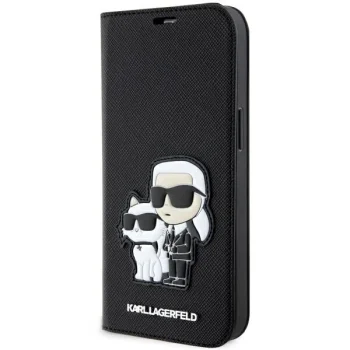 Karl Lagerfeld iPhone 14 Pro atverams vāciņš maciņš grāmatiņa Saffiano Karl & Choupette, melns
