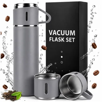 Travel Vacuum Flask 500 ml with 3 Cups, Stainless Steel Thermal Set, Grey