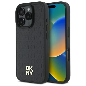 Чехол DKNY для iPhone 16 Pro Max Repeat Pattern Stack Logo MagSafe, черный