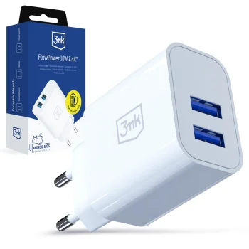 Сетевое зарядное устройство 3Mk Protection FlowPower 10W 2.4A, 2x USB-A, белое
