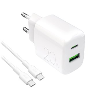 Puro PROLITE 20W USB-A / USB-C sienas lādētājs + USB-C – USB-C kabelis 1,2 m – balts